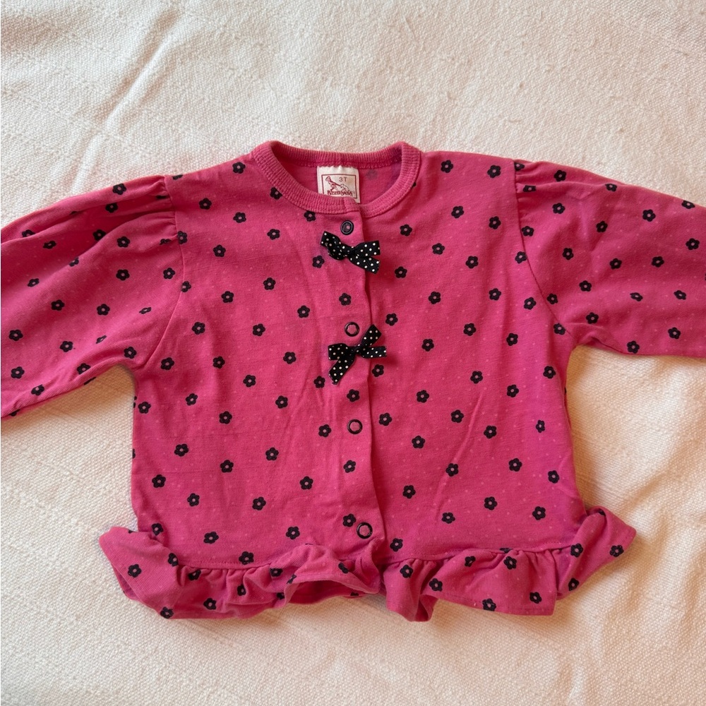 Vintage Buster Brown 3T Girls Pink Floral Ruffle Cardigan with Bow Accents